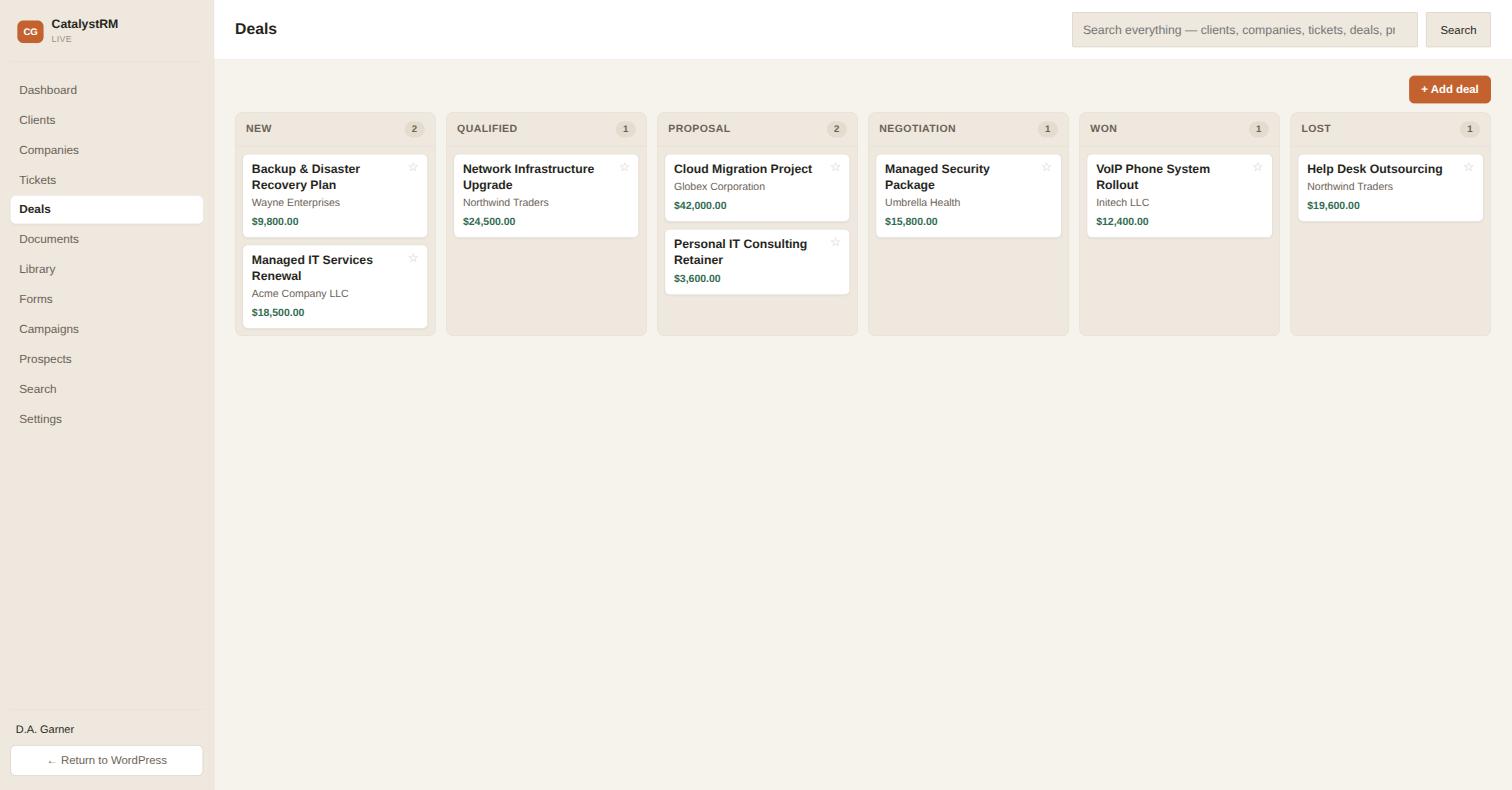 CatalystRM deal pipeline as a drag-and-drop kanban board across six stages