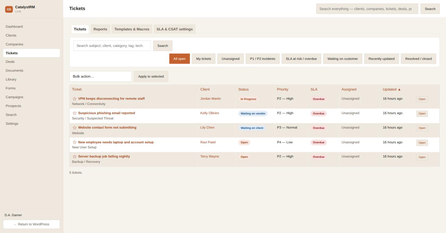 CatalystRM support ticket queue with SLA tracking, priority, and status