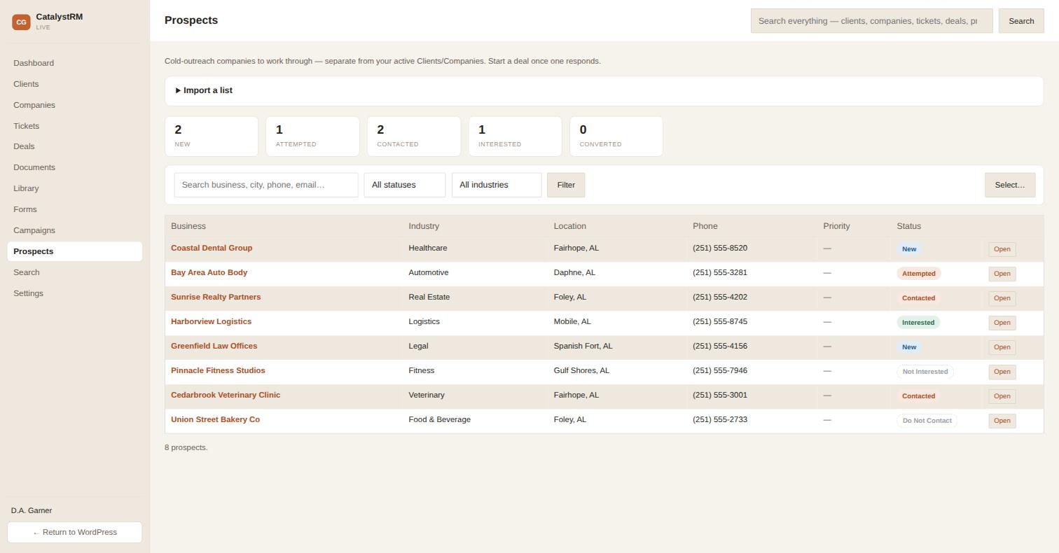 CatalystRM prospects list with status tracking for cold-outreach leads