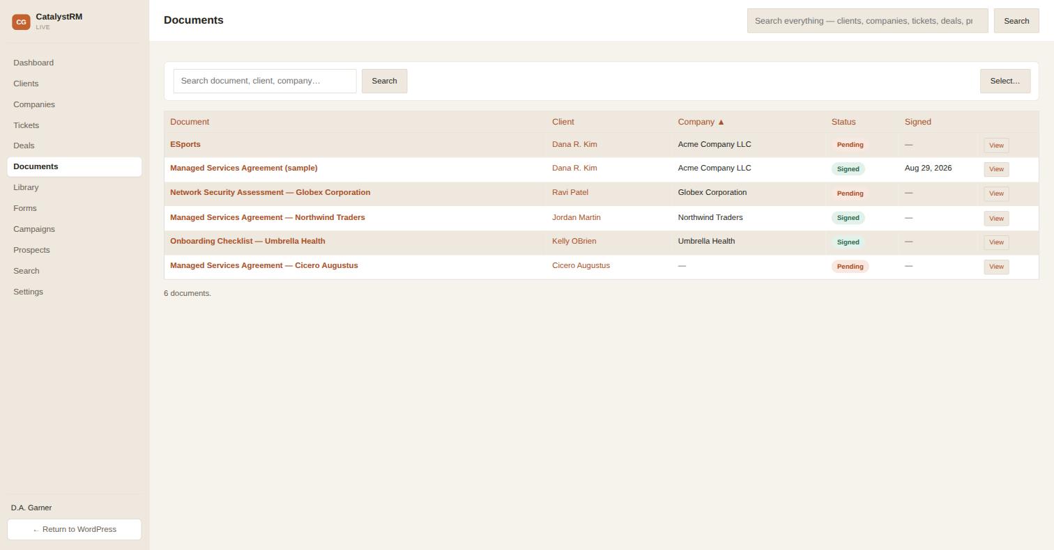 CatalystRM documents list showing signed and pending client agreements