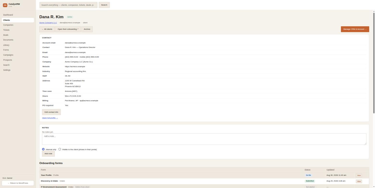 CatalystRM client record showing full contact and company profile for Dana R. Kim at Acme Company LLC