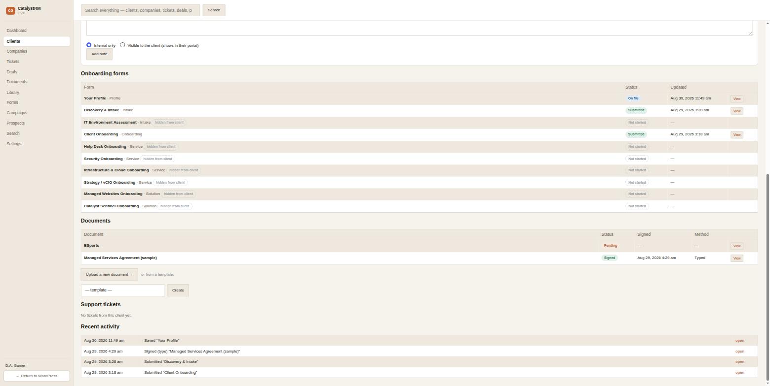 CatalystRM client record showing onboarding forms, documents, support tickets, and activity history