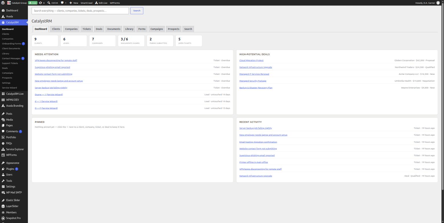 CatalystRM dashboard running inside classic WordPress wp-admin, with the standard WordPress sidebar and admin bar visible