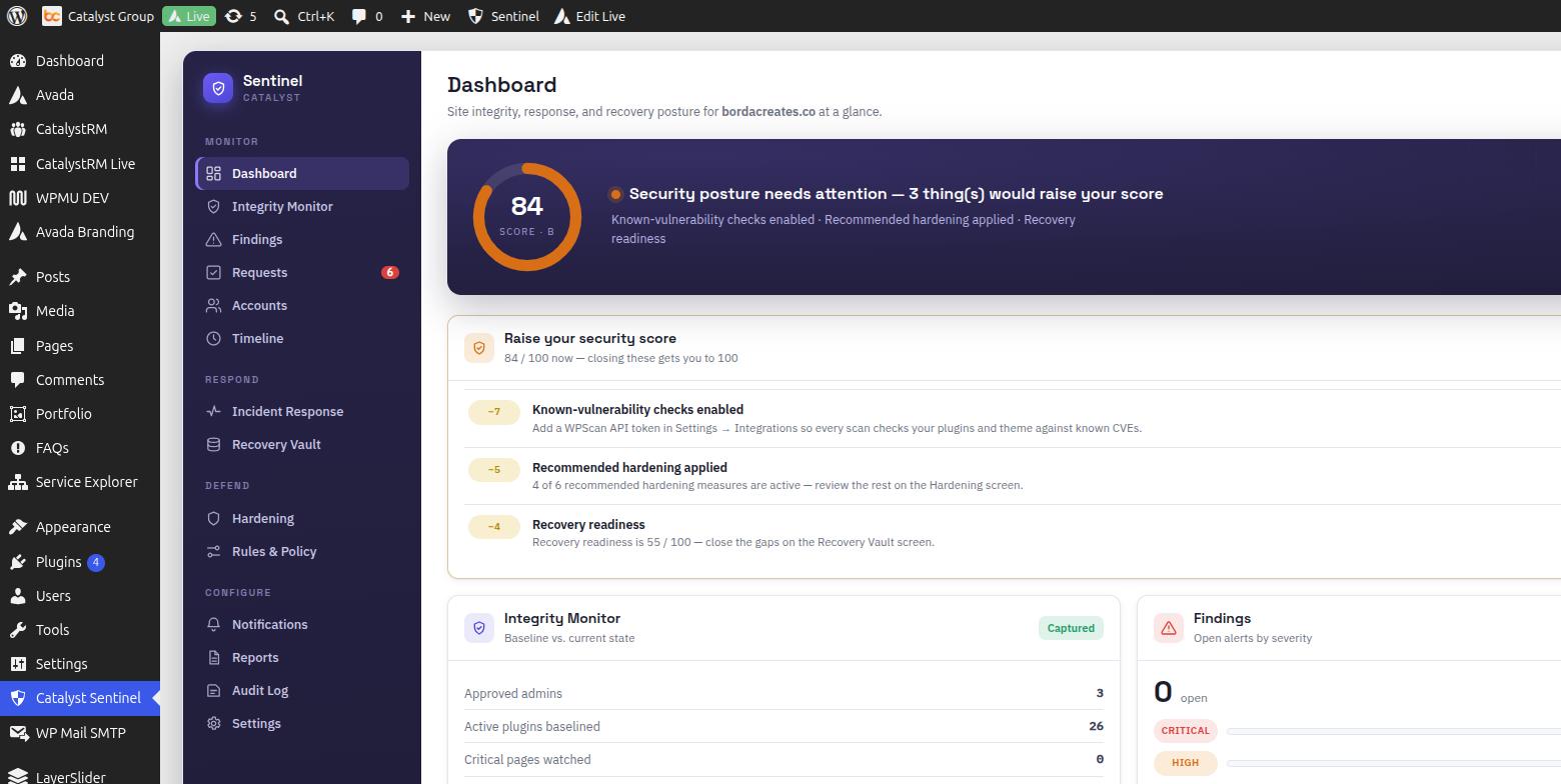 Catalyst Sentinel dashboard showing an 84/100 security score and a checklist of what would raise it