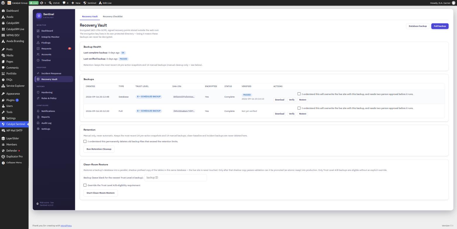 Catalyst Sentinel Recovery Vault showing an encrypted, verified backup with a passed status