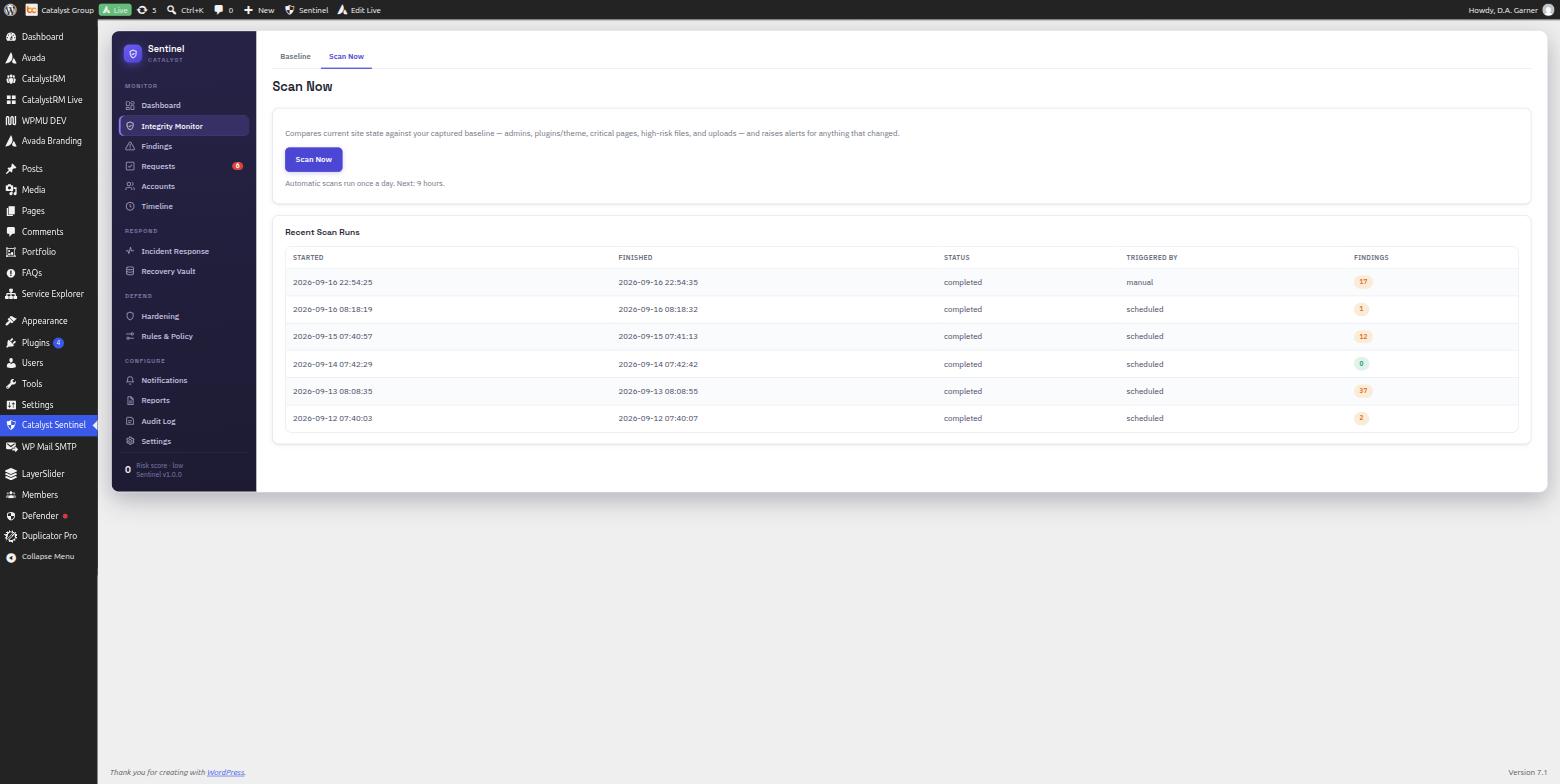 Catalyst Sentinel Integrity Monitor showing the approved-admin baseline